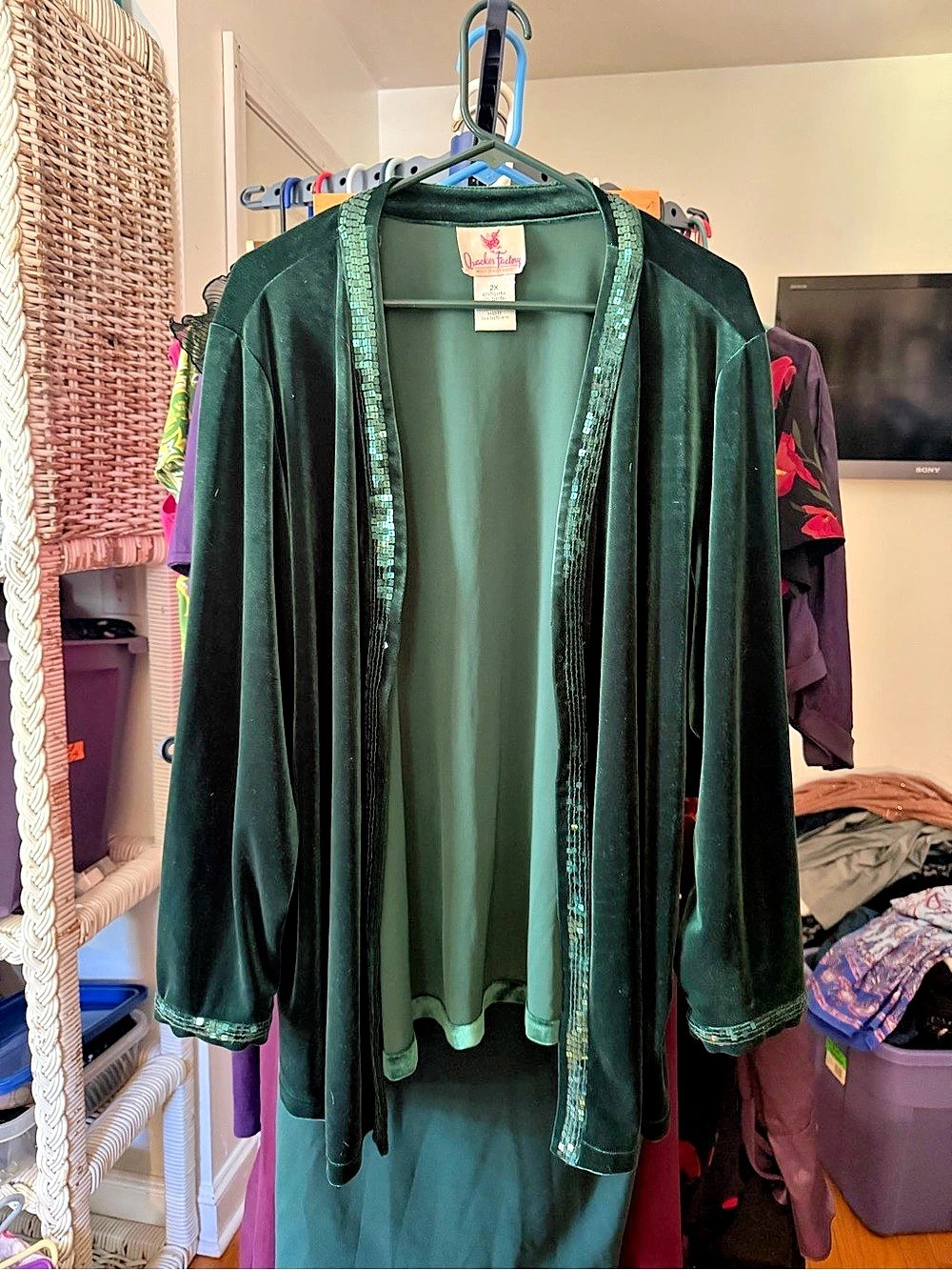 Chico's Green Velvet Sequined Open Front Size 2X Like New